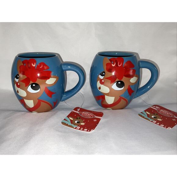 NWT BIOWORLD RUDOLPH RED NOSED REINDEER CHRISTMAS BLUE 16 Oz MUG CUP SET/2 - Picture 1 of 7